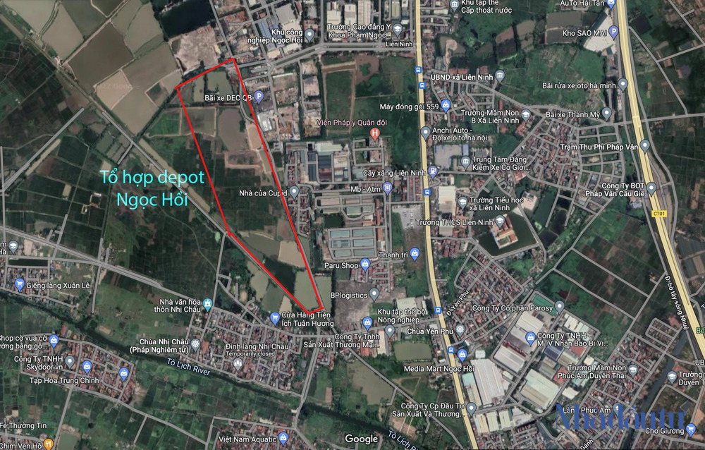 Khu Tổ hợp depot Ngọc Hồi mới sẽ được xây dựng với mục tiêu trước mắt đảm bảo hoàn trả chức năng của ga Hà Nội và ga Giáp Bát. Ảnh: Google Map.