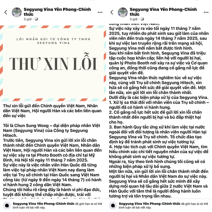 Bài đăng trên Facebook công ty Segyung Vina chiều ngày 16/7. (Ảnh: Chụp màn hình)