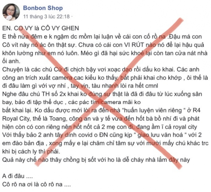Hình ảnh Facebook của đối tượng Nguyễn Thị Vân đưa thông tin xuyên tạc, bịa đặt trên mạng xã hội. Ảnh: BCA.