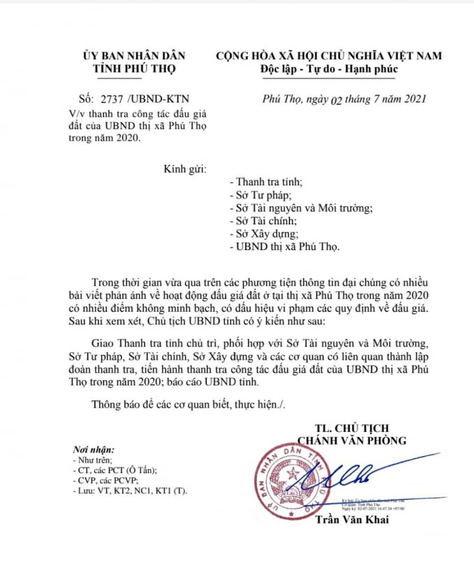 Chủ tịch UBND tỉnh Phú Thọ Bùi Văn Quang đề nghị thanh tra đấu giá đất ở thị xã Phú Thọ. Ảnh: HA.