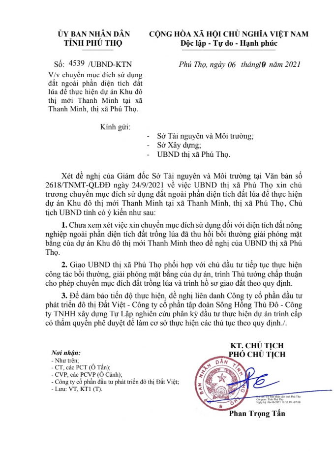Chủ tịch UBND tỉnh Phú Thọ có ý kiến chỉ đạo chưa xem xét việc xin chuyển mục đích sử dụng đối với diện tích đất nông nghiệp ngoài đất lúa ở Dự án Khu đô thị mới Thanh Minh. Ảnh: Hoàng Anh.