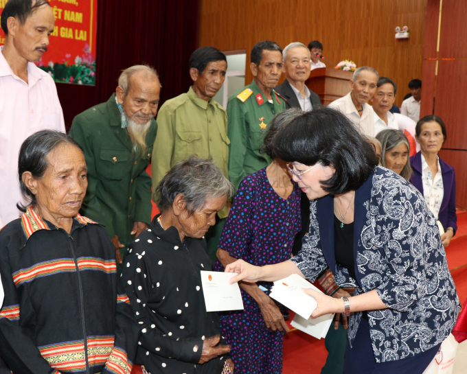 Phó Chủ tịch nước Đặng Thị Ngọc Thịnh tặng quà cho gia đình chính sách, người có công với cách mạng.