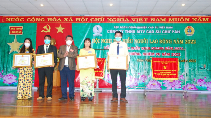 Trao tặng bằng khen của Tập đoàn Công nghiệp Cao su Việt Nam cho các cá nhân.