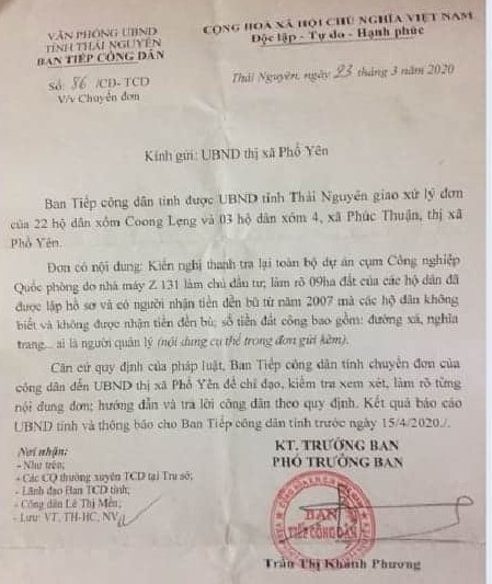 Ban tiếp công dân tỉnh Thái Nguyên đã chuyển kiến nghị của nhân dân xóm Coong Lẹng về thị xã Phổ Yên giải quyết theo thẩm quyền.
