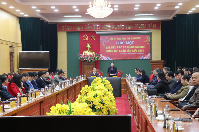 Bà Nguyễn Thanh Hải - Bí thư Tỉnh ủy Thái Nguyên phát biểu chúc mừng các cơ quan báo chí nhân dịp năm mới Tân Sửu 2021: Ảnh: ĐT.