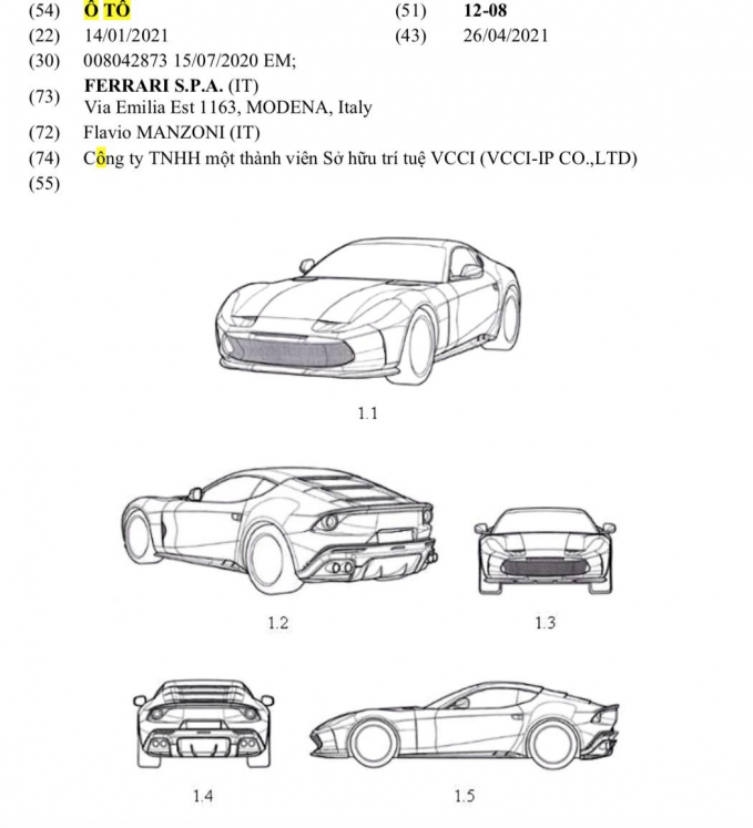 Một số hình ảnh của mẫu Ferrari Portofino trên website Cục Sở hữu Trí tuệ Việt Nam.
