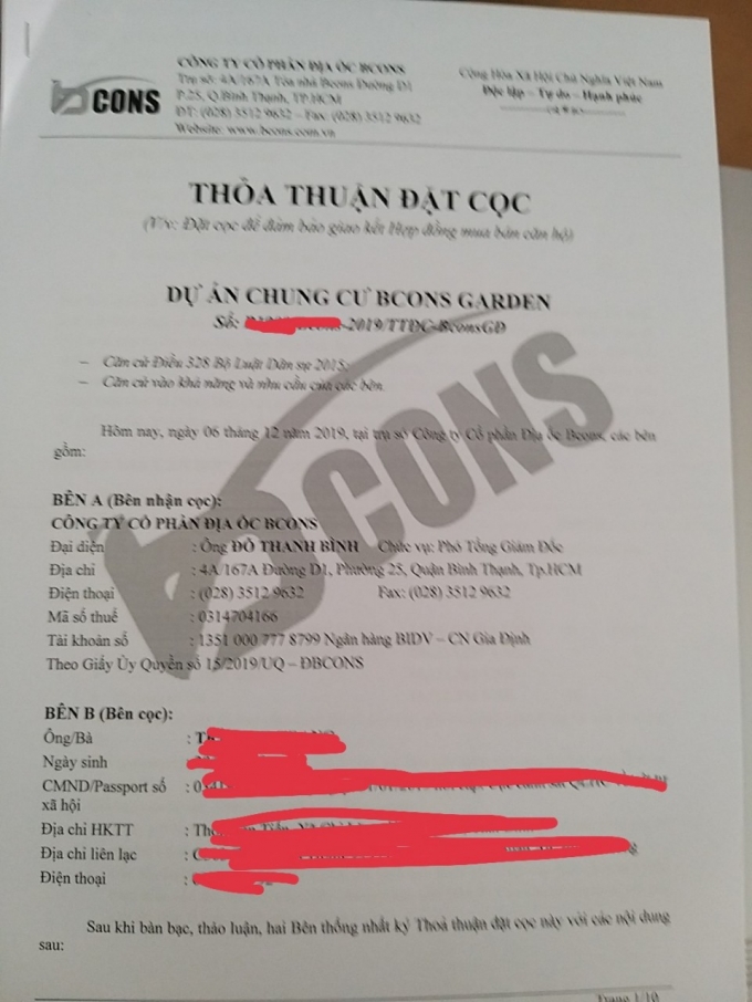 Thoả thuận đặt cọc giữa Công ty CP Địa ốc Bcons với khách hàng.