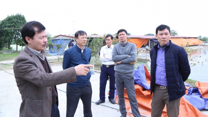 Đoàn kiểm tra của Cục Chăn nuôi và Sở NN-PTNT Hà Nam đi kiểm tra tình hình chăn nuôi lợn tại xã Đồng Du, huyện Bình Lục. Ảnh: Minh Phúc.
