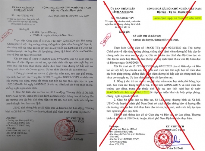 Bên trái là công văn (bản gốc) do UBND tỉnh Nam Định bàn hành ngày 7/2/2020. Bên phải là thông báo 