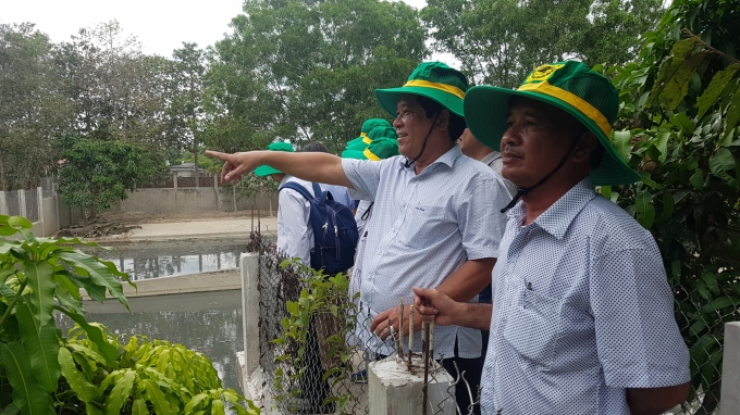Ông Phạm Thanh Hải, Chủ tịch UBND huyện thăm mô hình nuôi cá sấu tại xã Vĩnh Thanh. Ảnh Trọng Linh.