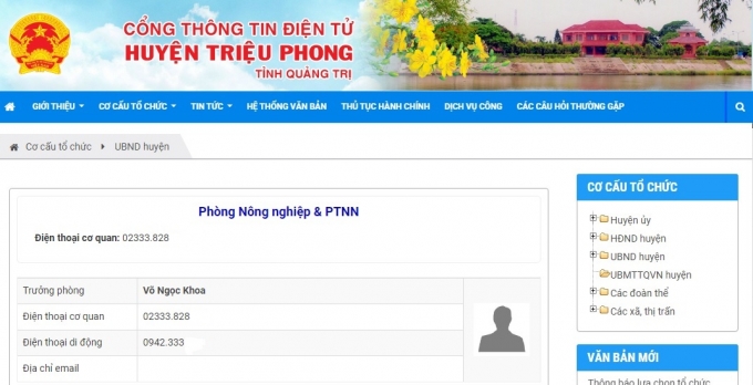 Thông tin về ông Võ Ngọc Khoa trên trang thông tin điện tử huyện Triệu Phong.