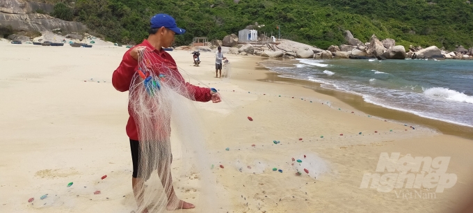 Kéo lưới ven bờ biển phải cần từ 2 – 3 người mới có thể kéo tấm lưới dài dọc bờ biển để giăng bắt cá. Ảnh: Vũ Đình Thung.