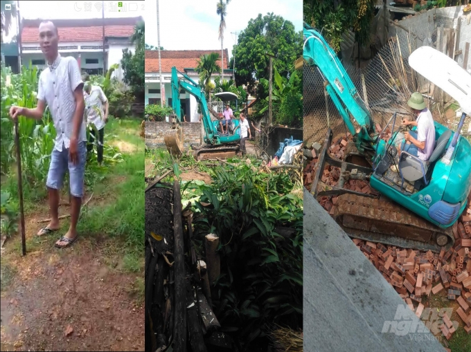 Ông Đào Tiến Hưng và người nhà huy động máy múc và một số hung khí đến nhà bà Nguyễn Thị Dung để phá hoại tài sản ngày 10/7/2018. Ảnh: Nhân vật cung cấp.