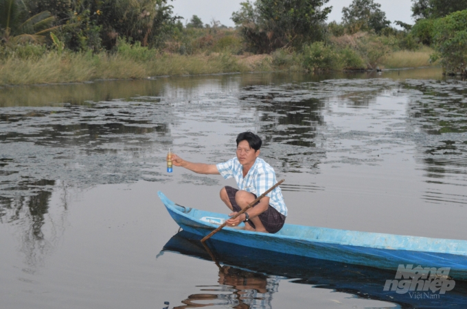 Vuông tôm đang bị thiếu nước nhưng người dân không thể bơm vào vì bây giờ nước sông độ mặn cao đang quá cao. Ảnh: Trung Chánh.