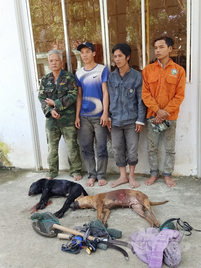 Nhóm các đối tượng dùng chó săn vào vùng cấm Vườn quốc gia U Minh Thượng săn bắt tê tê bị lực lượng chức năng bắt giữ. Ảnh: Trung Chánh.