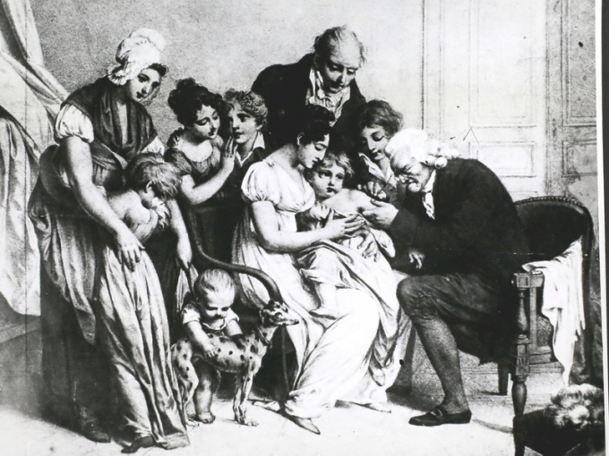 Bức tranh vẽ lại cảnh bác sĩ Edward Jenner tiêm chủng cho một em bé mắc bệnh đậu mùa vào năm 1796. Ảnh: Hulton Archive.