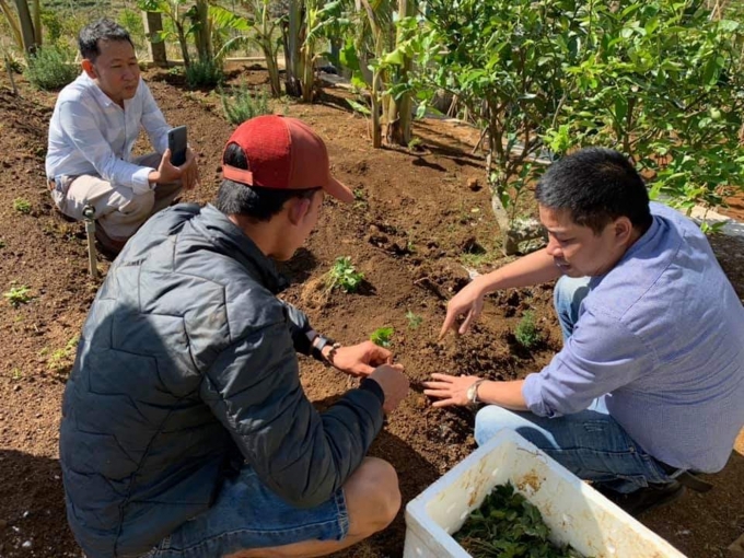 Anh Đặng Quang Trung (phải) chia sẻ kinh nghiệm trồng cây với bà con. Ảnh: HĐ.