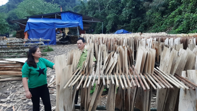 Xưởng gỗ bóc của bà Ngô Thị Yến đã dừng sản xuất từ trước Tết nguyên đán, sản phẩm tồn cũng không bán được. Ảnh: Toán Nguyễn.