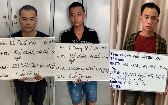 3 đối tượng thực hiện vụ cướp có súng tại siêu thị Bách hoá Xanh, quận Tân Phú ngày 27/3. Ảnh: Cơ quan công an. 