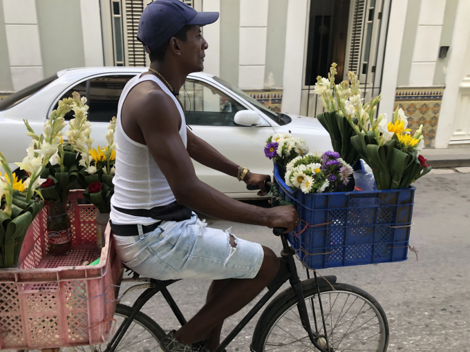 Một người đàn ông bán hoa tươi trong khu phố cổ Havana.