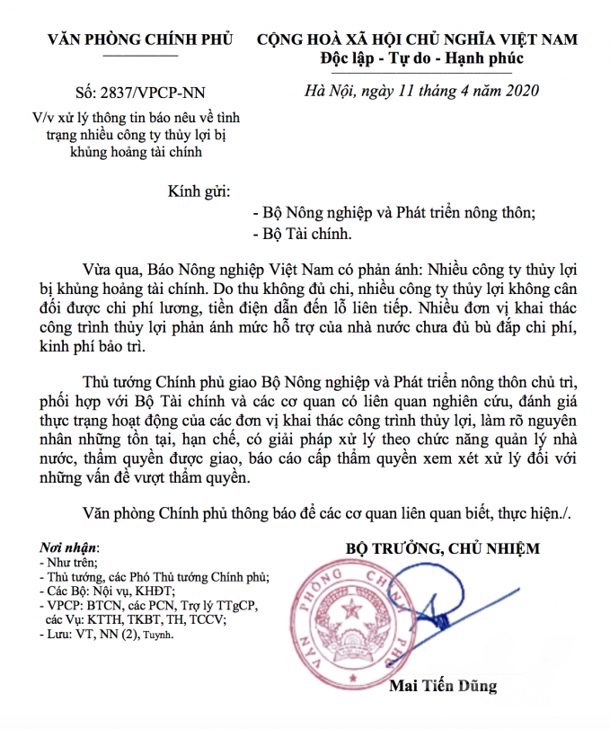 Văn bản số 2837 truyền đạt ý kiến chỉ đạo của Thủ tướng Chính phủ liên quan đến việc nhiều công ty thủy lợi bị khủng hoảng tài chính như Báo Nông nghiệp Việt Nam nêu. Ảnh: Minh Phúc.