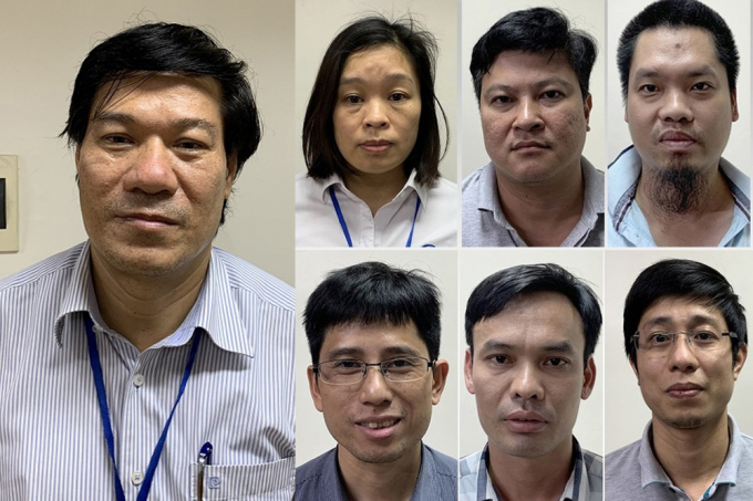 Các đối tượng bị khởi tố trong đường dây thổi giá máy xét nghiệm tại Hà Nội. Ảnh: BCA.