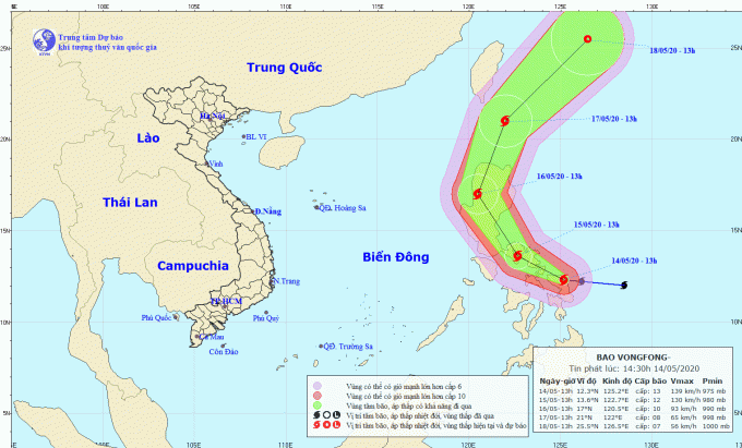 Vị trí và dự báo hướng di chuyển của bão VongFong. Đồ họa: Trung tâm Dự báo KTTV Quốc gia.
