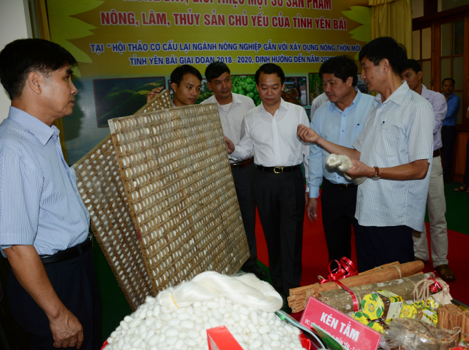 Thứ trưởng Bộ NN- PTNT Lê Quốc Doanh (thứ hai phải sang) xem gian trưng bày công nghệ sản xuất dâu tằm tơ huyện Trấn Yên.