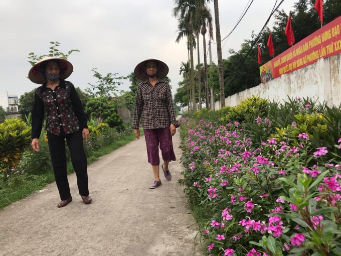 Nhân dân địa phương đi bộ trên tuyến đường hoa, tận hưởng không khí trong lành, mãn nhãn.