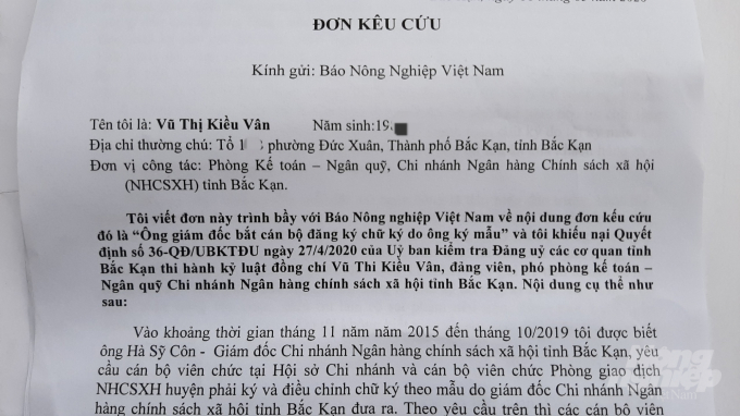 Đơn kêu cứu của bà Vũ Thị Kiều Vân gửi Báo NNVN. Ảnh: Toán Nguyễn.