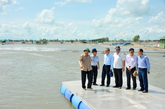 Bộ trưởng Bộ NN-PTNT Nguyễn Xuân Cường thăm vùng nuôi cá tra hiện đại của Công ty Nam Việt. Ảnh: Lê Hoàng Vũ.