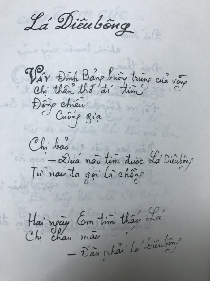 Bài thơ 'Lá diêu bông' với thủ bút của Hoàng Cầm.