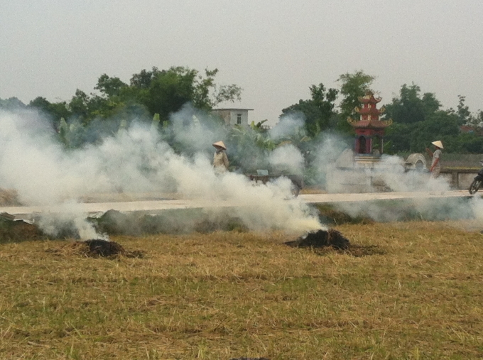 Khi đốt rơm ra, khói bay mù mịt, len lỏi vào các làng quê, gây ô nhiễm khói bụi nghiêm trọng.