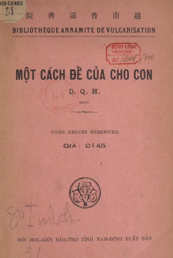 Ảnh bìa cuốn sách 'Một cách để của cho con' do Dương Quảng Hàm biên soạn năm 1926.