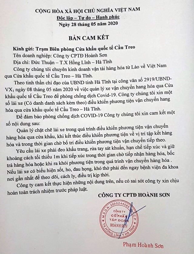 Bản cam kết 'tiên phong' của Công ty Hoành Sơn. Ảnh: Gia Hưng.