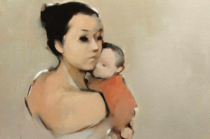 Tình cảm mẹ con là quan hệ thiêng liêng nhất trên đời. Tranh của Nguyễn Thanh Bình.