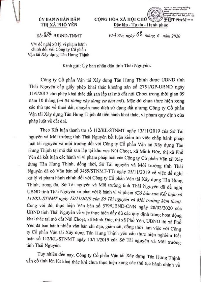 Văn bản số 824/UBND-TNMT của UBND thị xã Phổ Yên ngày 08/6/2020, gửi UBND tỉnh Thái Nguyên tiếp tục đề nghị xử lý vi phạm đối với Công ty Tân Hưng Thịnh.