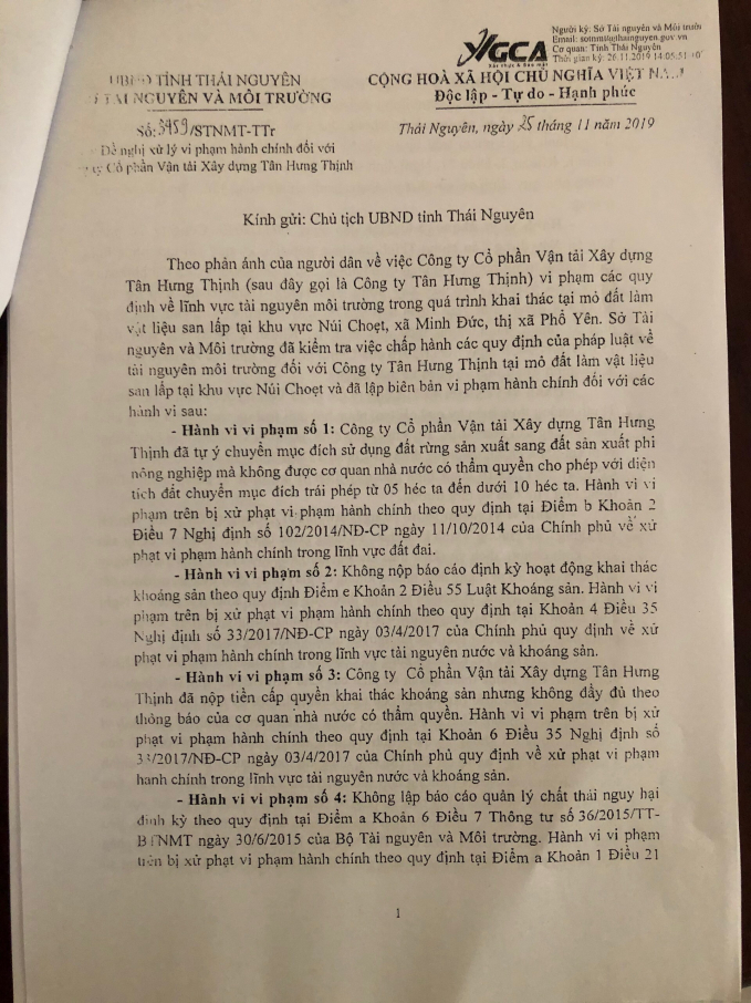 Công văn số 3459/STNMT-TTr ngày 25/11/2019, gửi Chủ tịch UBND tỉnh Thái Nguyên, có đề nghị ban hành quyết định xử phạt vi phạm hành chính đối với Công ty Tân Hưng Thịnh.