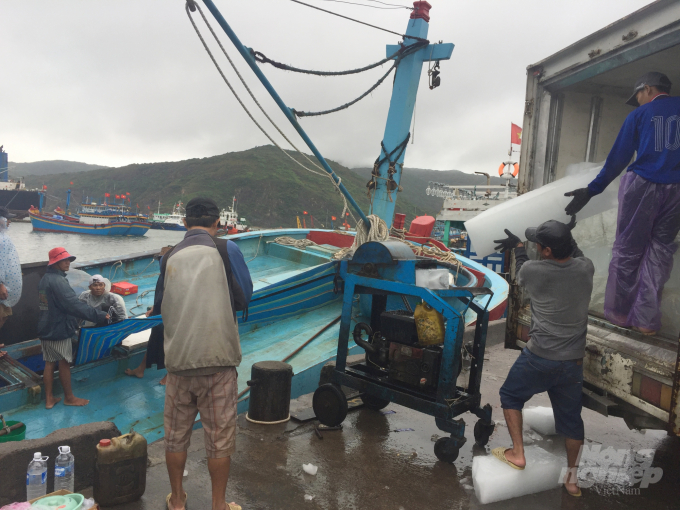 Tàu cá tiếp nhiên liệu, đá lạnh tại cảng cá Quy Nhơn cũng rất vất vả do chật chội. Ảnh: Vũ Đình Thung.