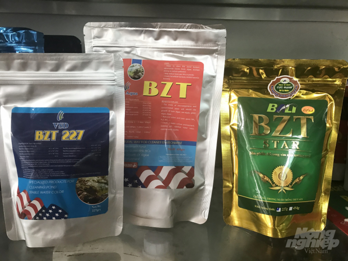 Các sản phẩm mang nhãn hiệu BZT trong một cửa hàng vật tư thủy sản ở Châu Thành, Long An. Ảnh: Thanh Sơn.