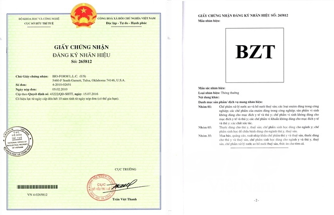 Giấy chứng nhận đăng ký nhãn hiệu BZT mà Cục Sở hữu Trí tuệ cấp cho BFL năm 2016. Ảnh: Thanh Sơn.