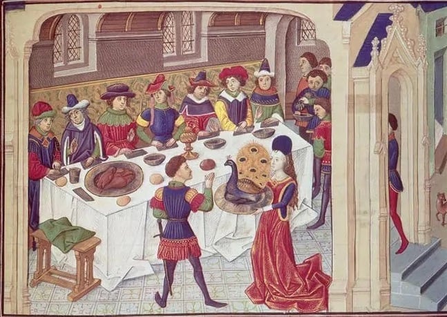 Bức tranh của họa sĩ vô danh thế kỷ 15 cho thấy chim công được phục vụ trong bữa tiệc của giới thượng lưu. Ảnh: wikimedia.