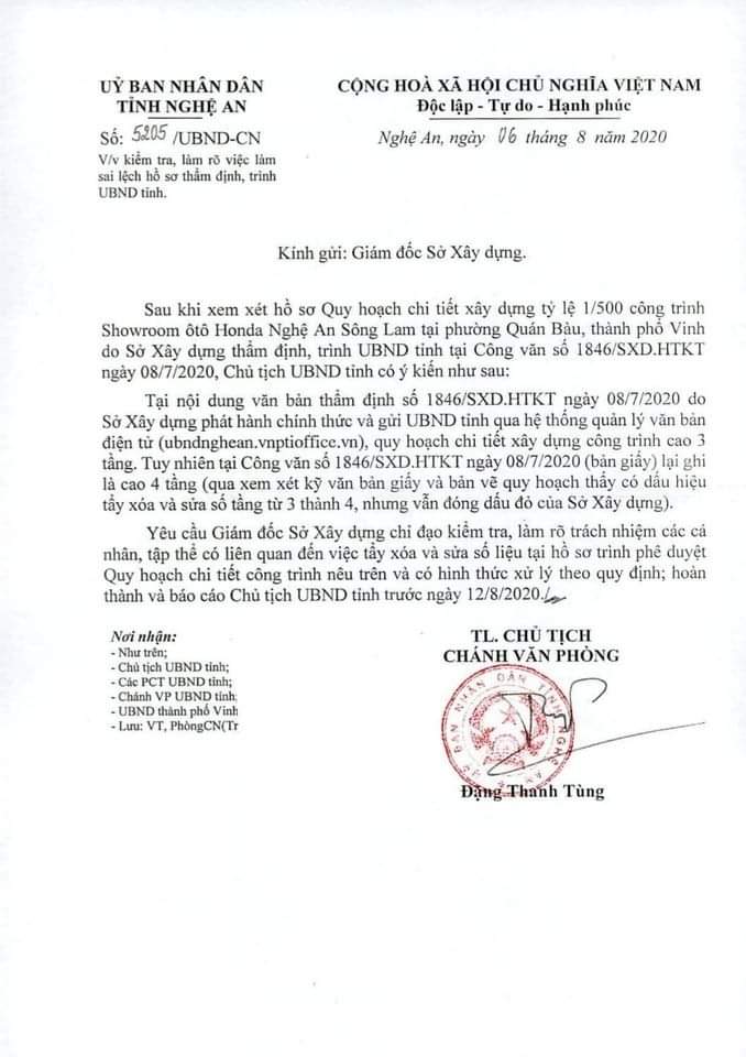 Tỉnh Nghệ An chỉ đạo Sở Xây dựng làm rõ việc tẩy xóa, sửa số liệu hồ sơ. 