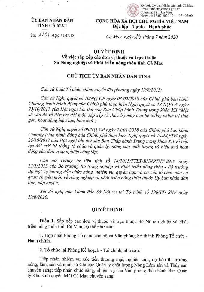 Quyết định số 1291/QĐ-UBND về việc sắp xếp các đơn vị thuộc và trực thuộc Sở NN-PTNT tỉnh Cà Mau. Ảnh: Anh Tuấn.