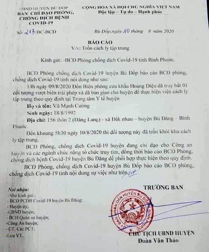 Báo cáo của UBND huyện Bù Đốp về vụ việc. Ảnh: BTG Bình Phước.