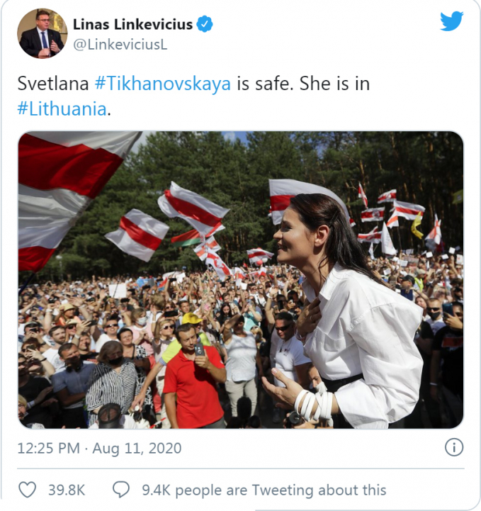 Trang tweet của Ngoại trưởng Lithuania xác nhận bà Tikhanovskaya đã an toàn