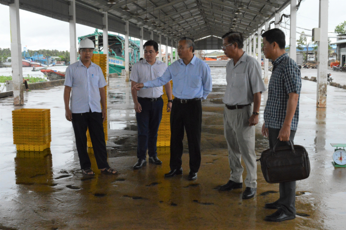 Thứ trưởng Bộ NN-PTNT Phùng Đức Tiến (đứng giữ), kiểm tra công tác chống khai thác IUU tại cảng cá Tắc Cậu tại huyện Châu Thành, Kiên Giang, sáng 13/8. Ảnh: Trung Chánh.