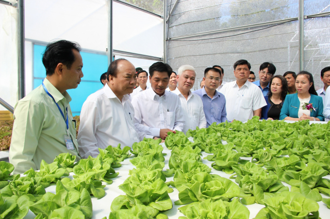 Thủ tướng Nguyễn Xuân Phúc thăm khu trồng rau thủy canh tại Trung tâm giống Nông nghiệp Công nghệ cao tỉnh Bình Phước năm 2018. Ảnh: Phúc Lập.