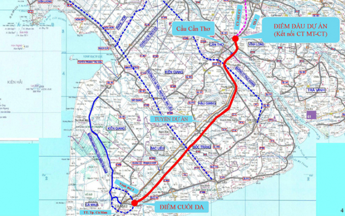 Bản đồ hướng tuyến cao tốc Cần Thơ - Cà Mau (đường đỏ). Ảnh: Cửu Long.