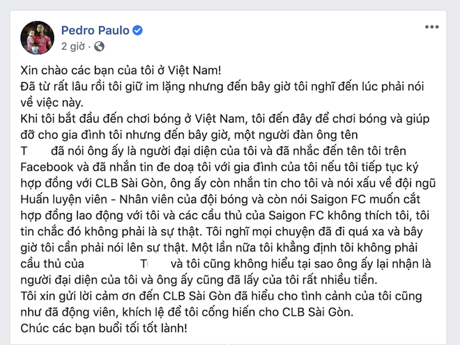 Lời kêu cứu trên Facebook của Pedro.